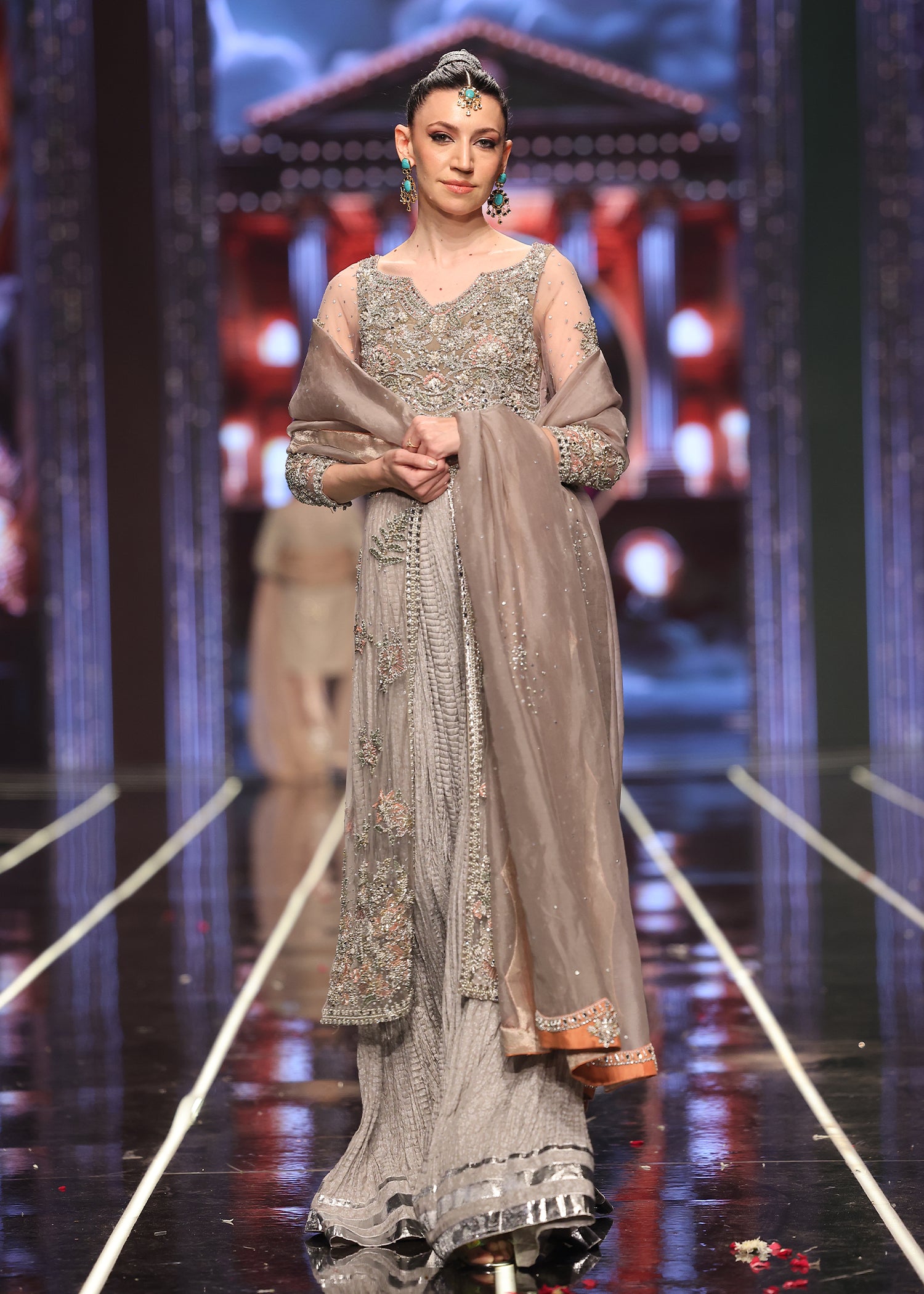 Pakistani Grey Pastel Embroidered Net Jacket Sharara (3-Piece) - Image 2