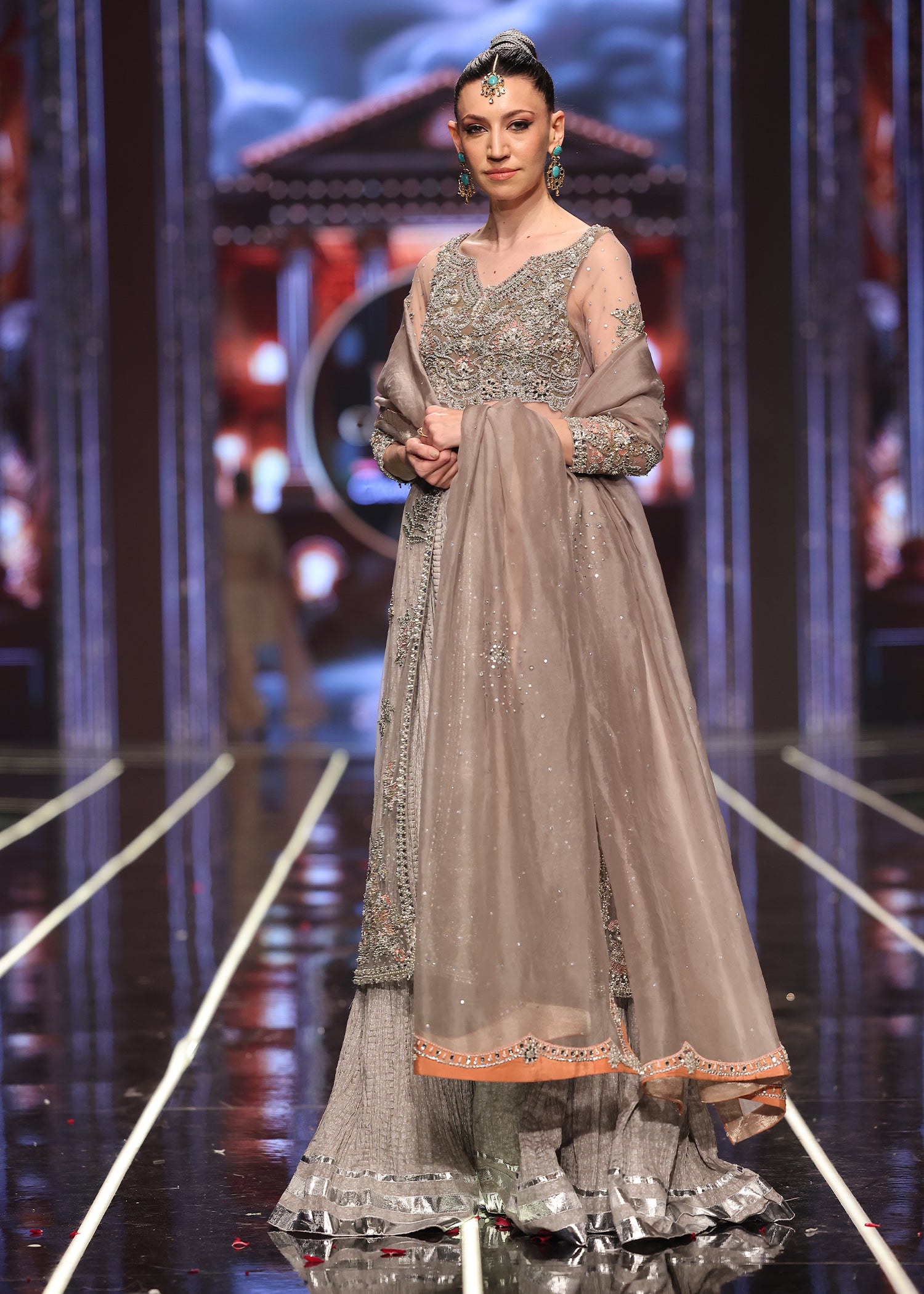 Pakistani Grey Pastel Embroidered Net Jacket Sharara (3-Piece) - Image 3