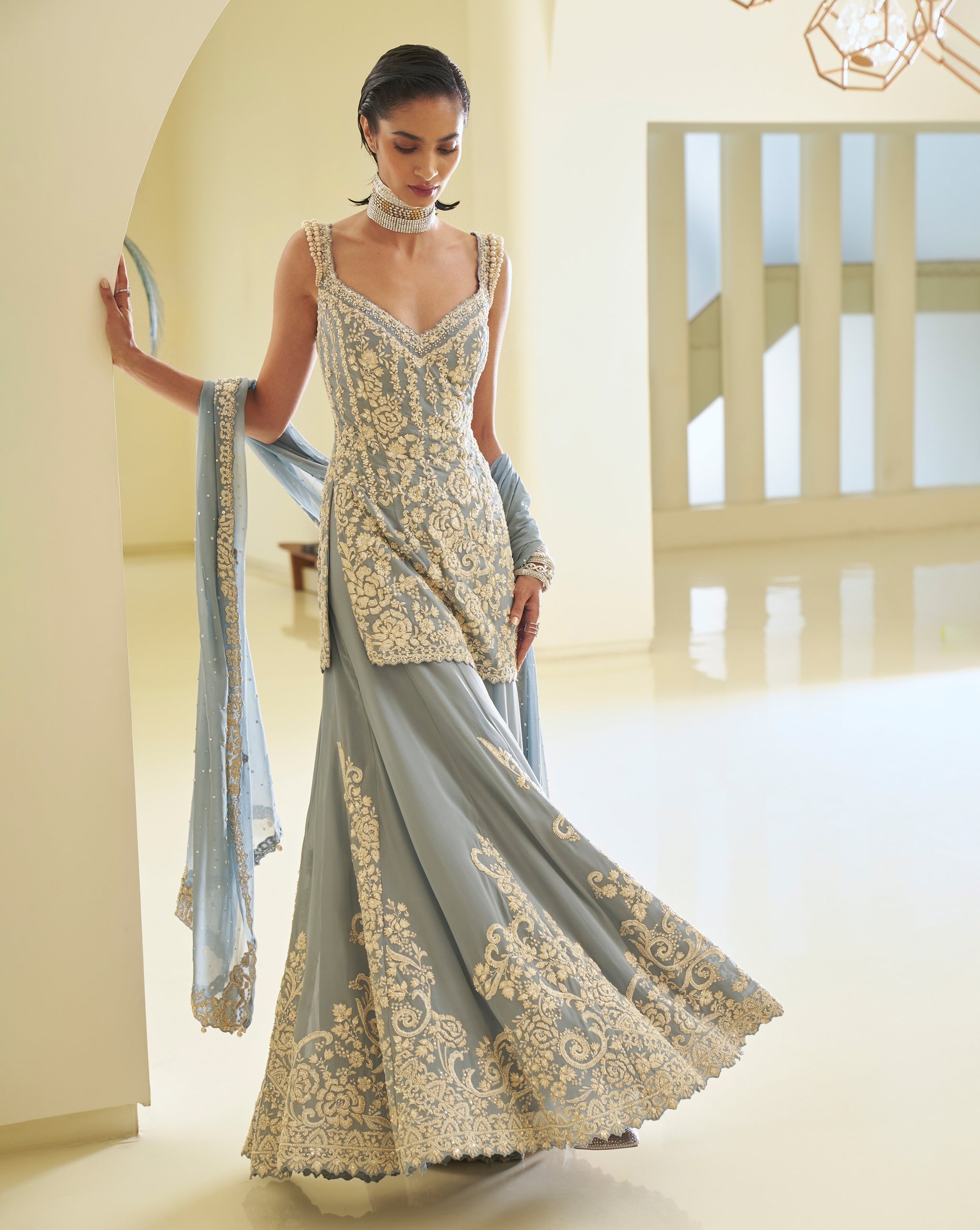 Grey Pearl & Crystal Embroidered Georgette Sharara (3-Piece) - Image 2