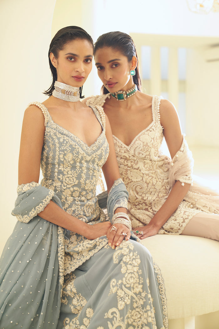 Grey Pearl & Crystal Embroidered Georgette Sharara (3-Piece) - Image 6