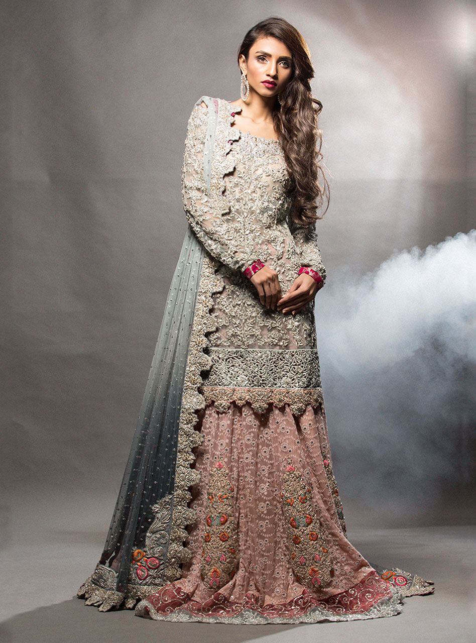 Ash Grey Embellished Net Sharara (3-Piece) - Image 1
