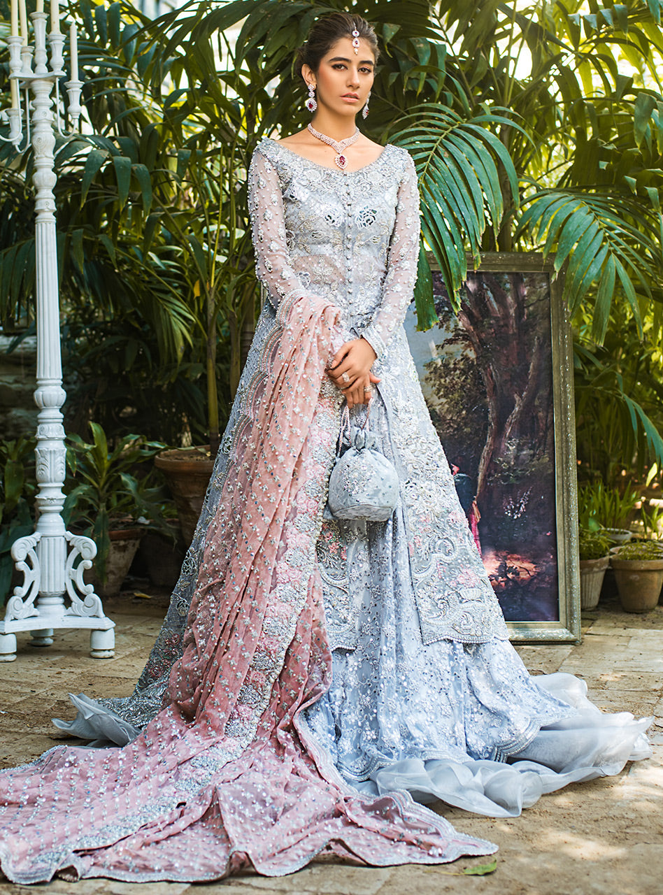 Grey Embroidered Net Front-Open Gown Sharara (3-Piece) - Image 2