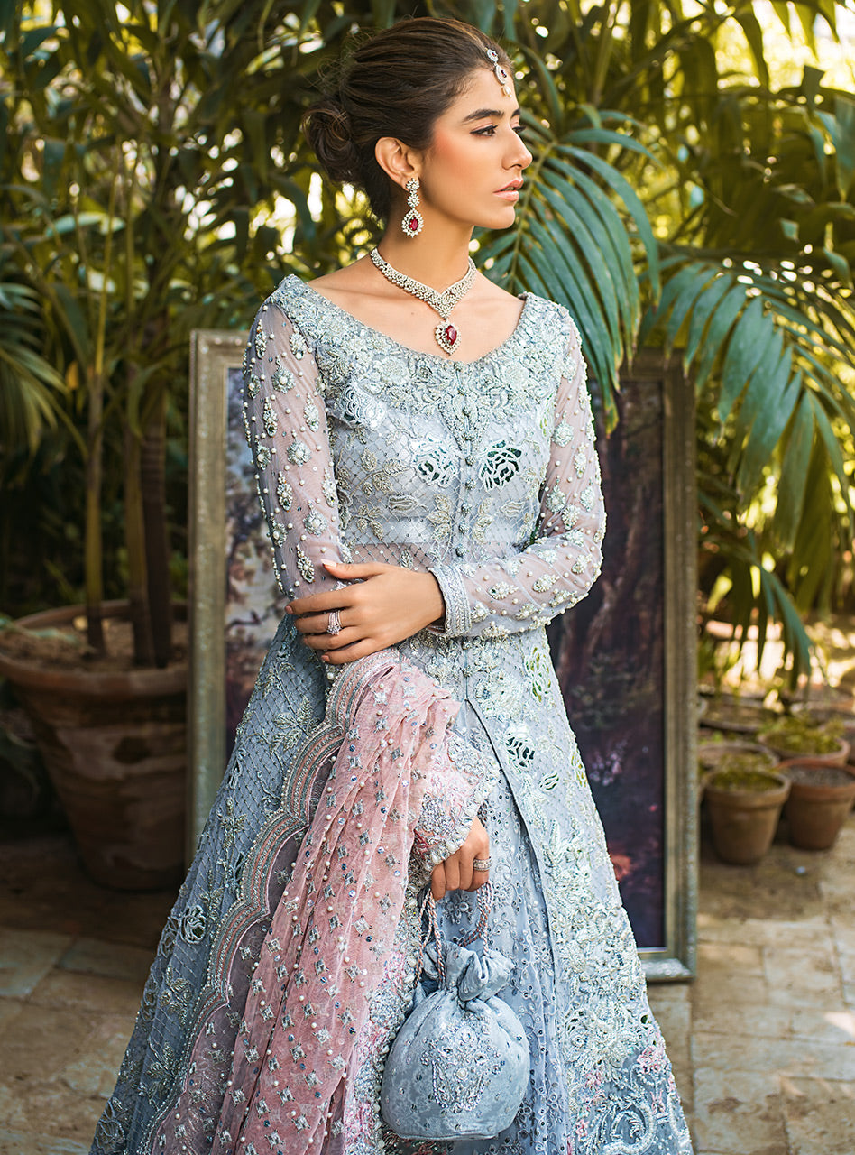 Grey Embroidered Net Front-Open Gown Sharara (3-Piece) - Image 3