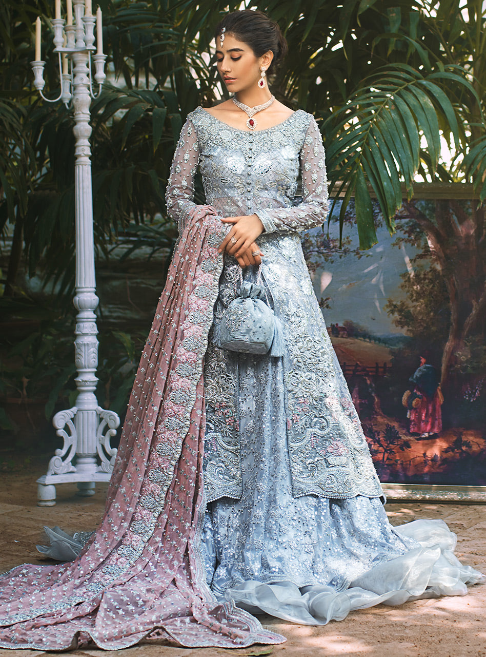 Grey Embroidered Net Front-Open Gown Sharara (3-Piece) - Image 4