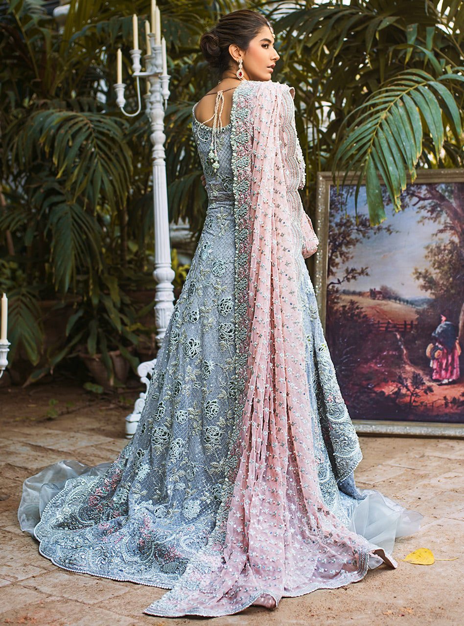Grey Embroidered Net Front-Open Gown Sharara (3-Piece) - Image 5