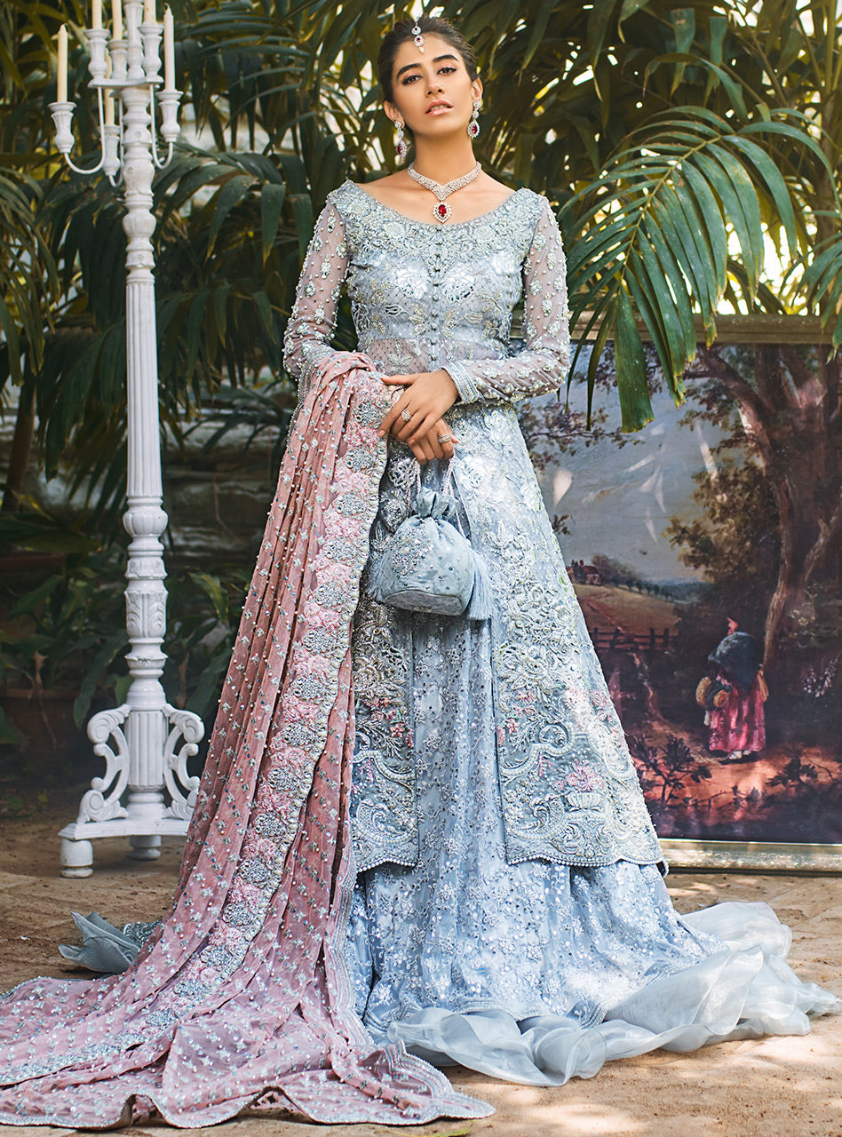 Pakistani Grey Embroidered Net Front-Open Gown with Sharara (3-Piece) - Image 1