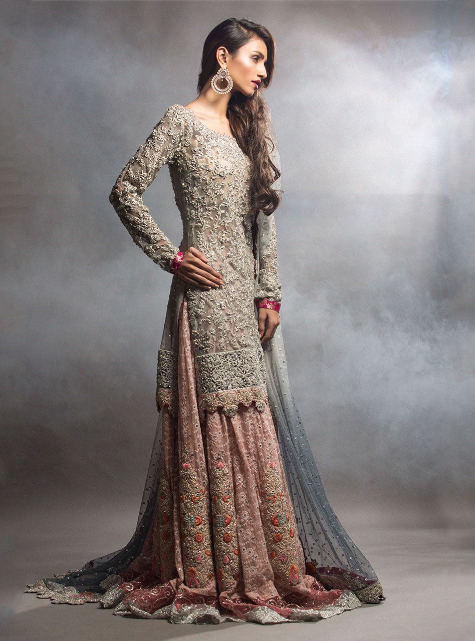 Pakistani Ash Grey Embellished Net Sharara (3-Piece) - Image 3
