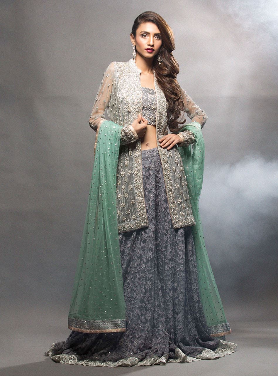 Pakistani Ash Grey Embellished Net Sharara (3-Piece) - Image 1