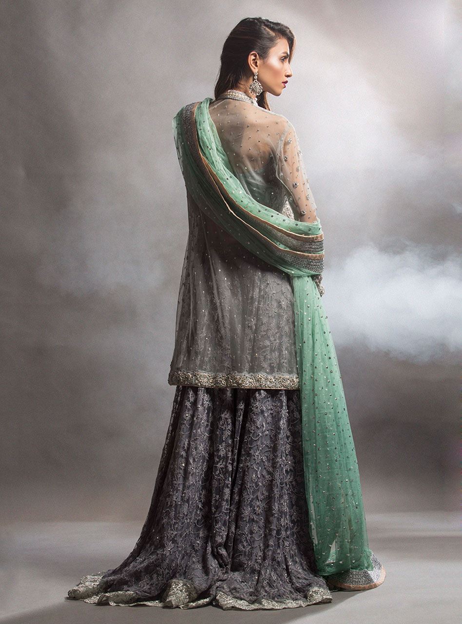 Pakistani Ash Grey Embellished Net Sharara (3-Piece) - Image 2
