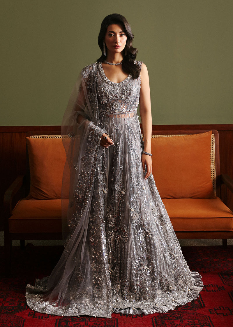 Smokey Grey Embellished Net & Tissue Sharara (3-Piece) - Image 1
