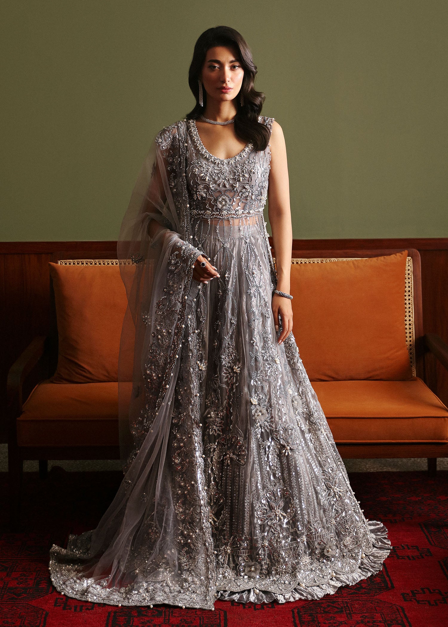 Smokey Grey Embellished Net & Tissue Sharara (3-Piece) - Image 2