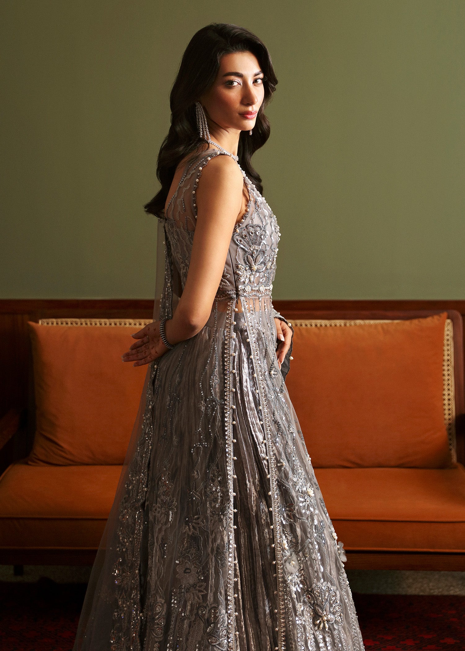 Smokey Grey Embellished Net & Tissue Sharara (3-Piece) - Image 3