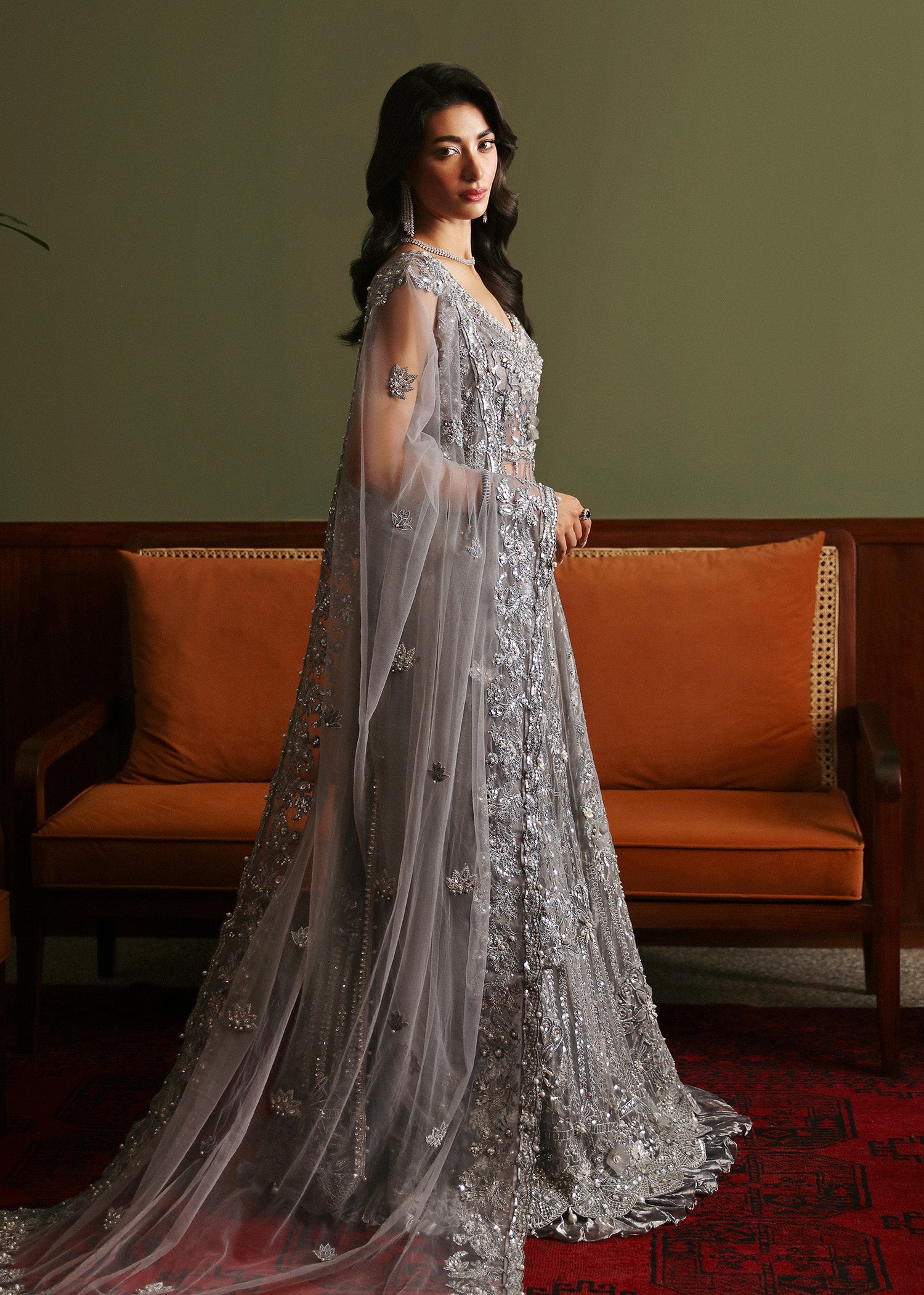 Smokey Grey Embellished Net & Tissue Sharara (3-Piece) - Image 4