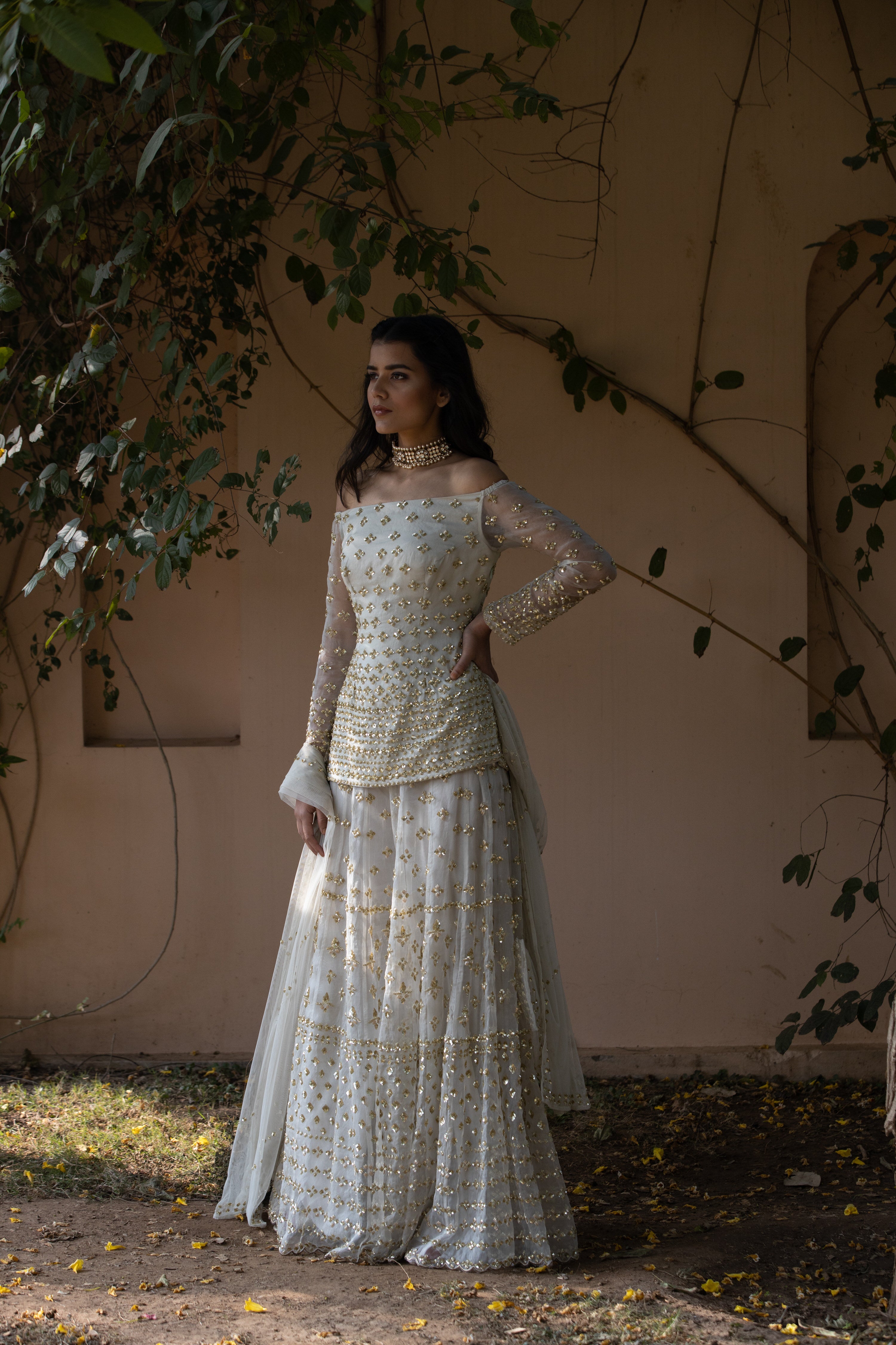 Powder Grey Embellished Organza Sharara Set (3-Piece) - Image 2