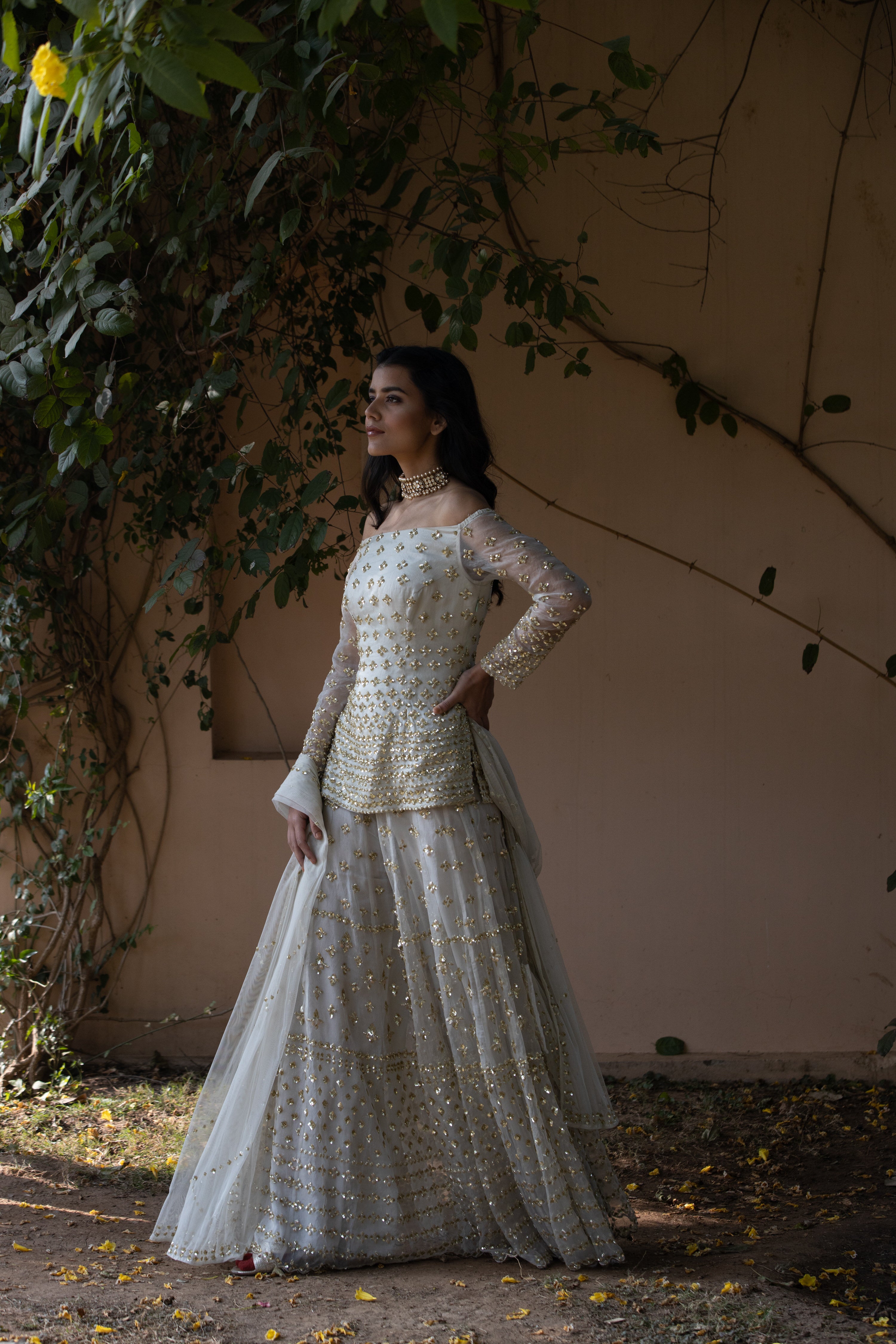 Powder Grey Embellished Organza Sharara Set (3-Piece) - Image 3