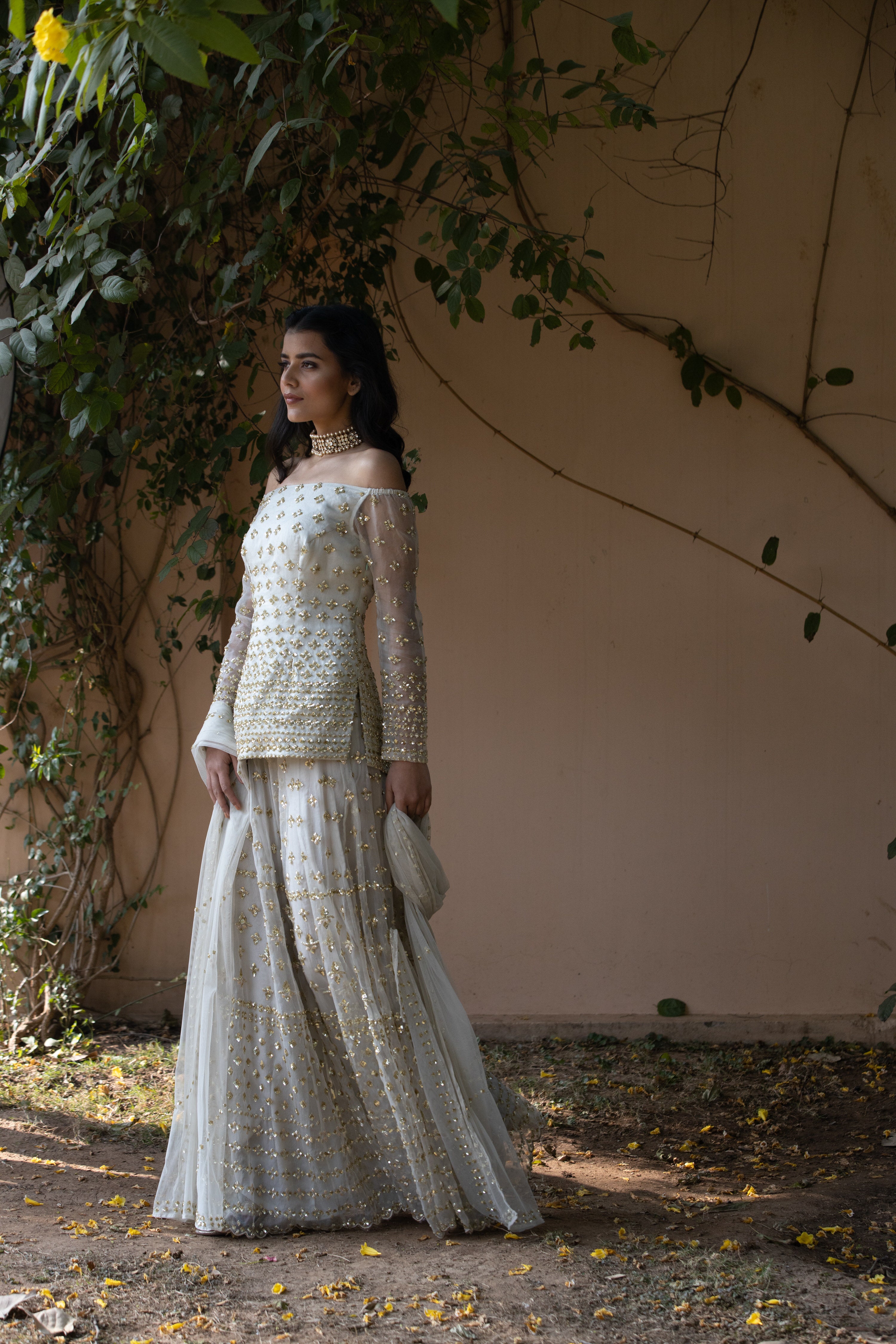 Powder Grey Embellished Organza Sharara Set (3-Piece) - Image 4