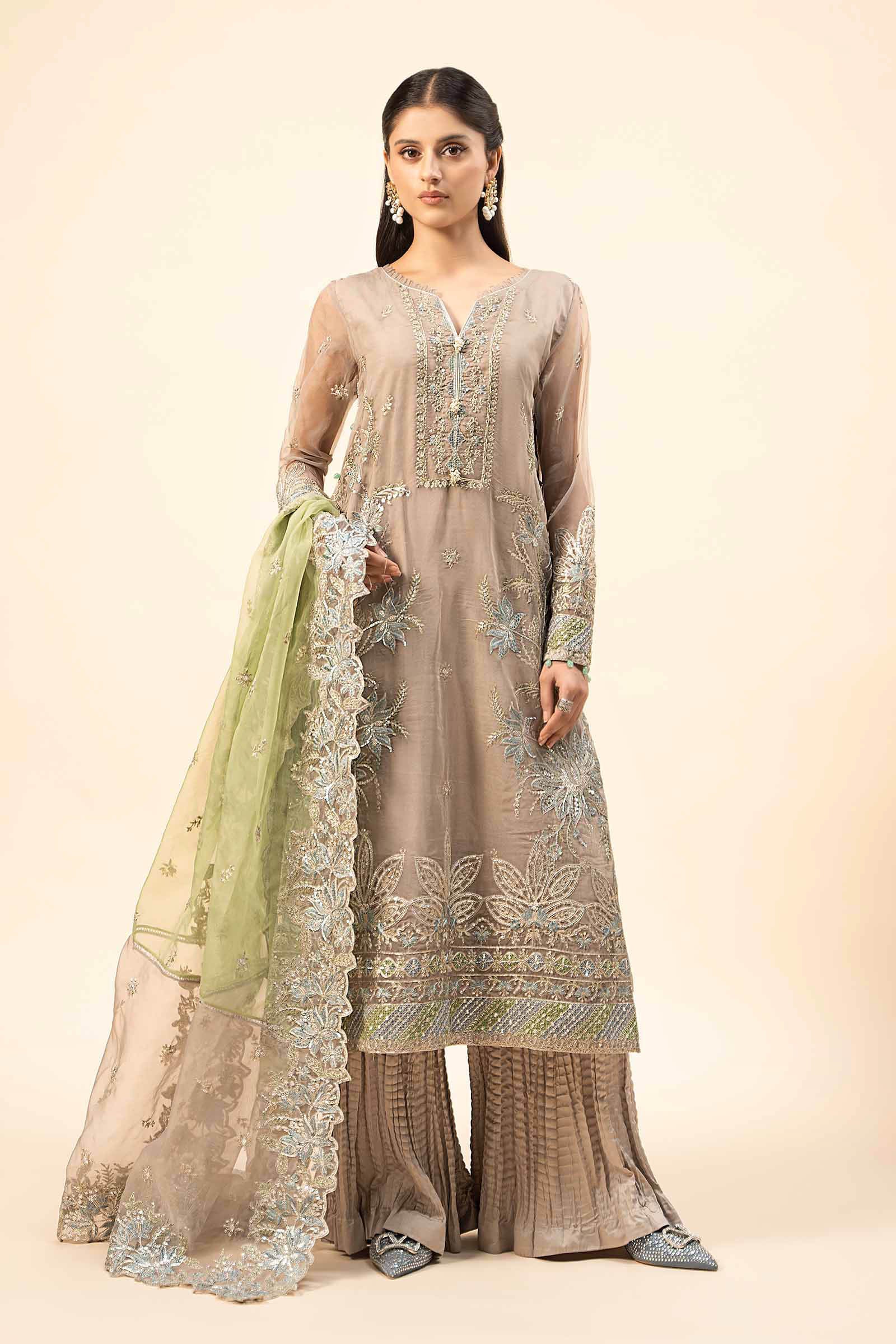 Grey Embroidered Organza Sharara Set (3-Piece) - Image 1