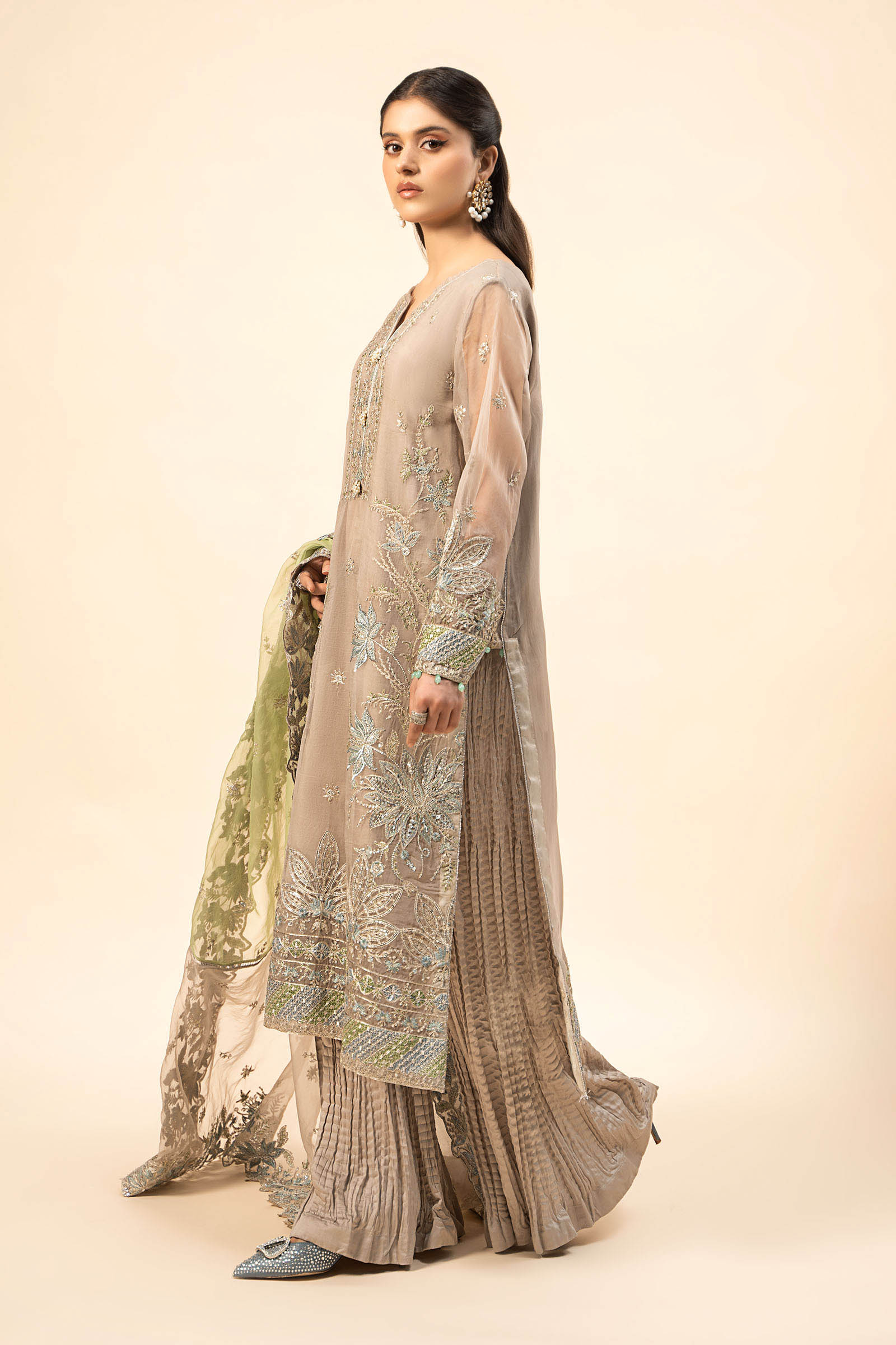 Grey Embroidered Organza Sharara Set (3-Piece) - Image 3