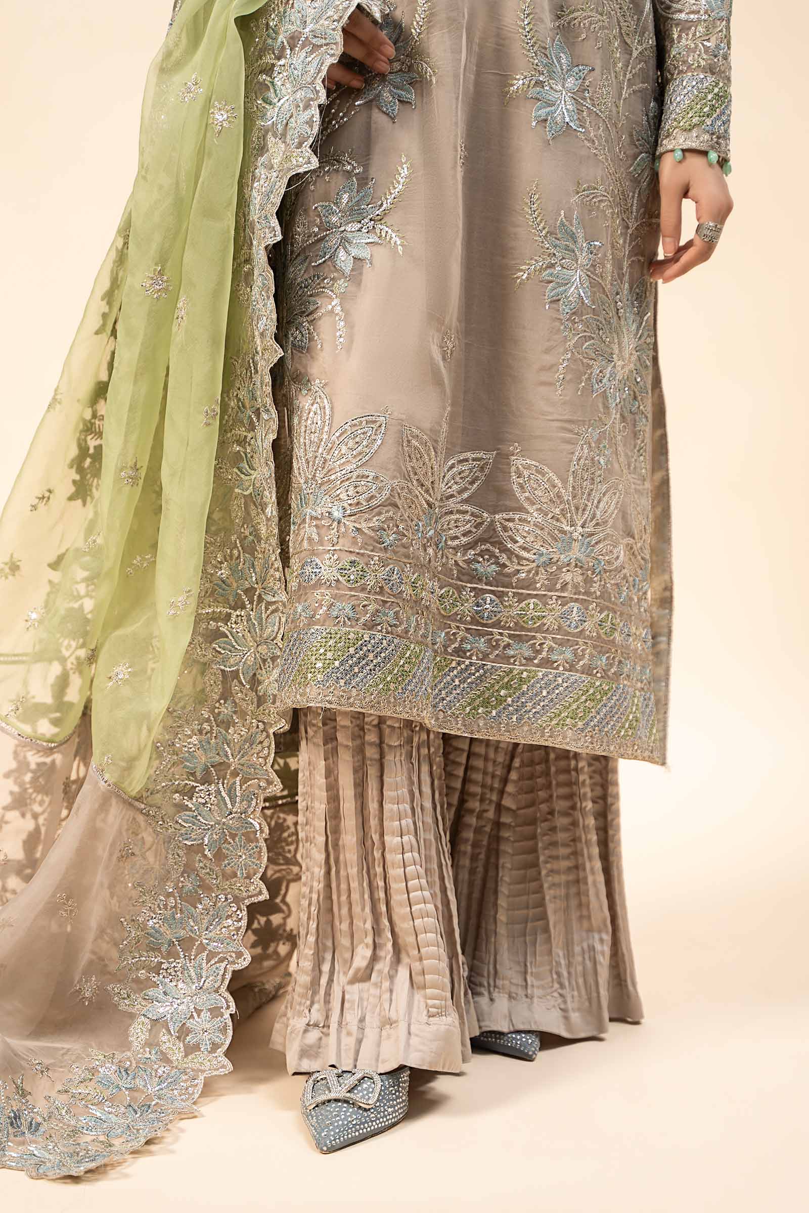 Grey Embroidered Organza Sharara Set (3-Piece) - Image 5