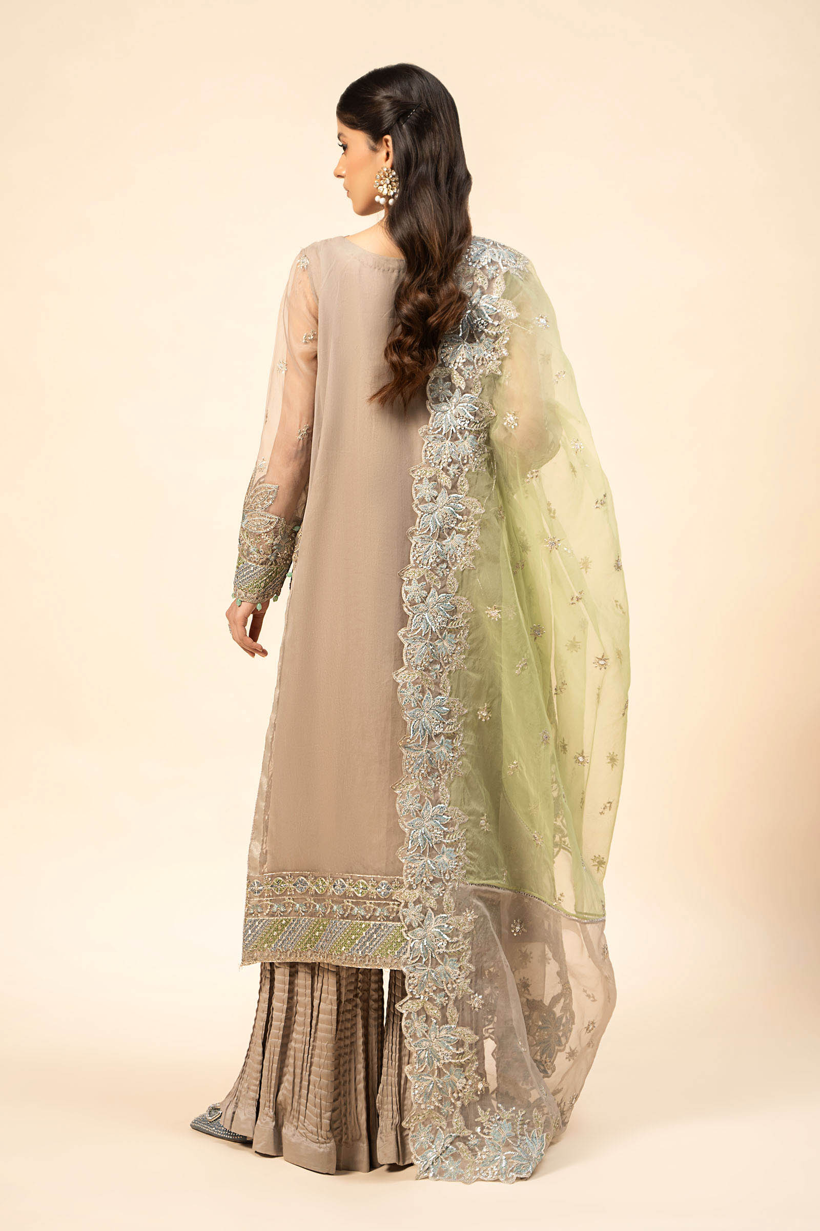 Grey Embroidered Organza Sharara Set (3-Piece) - Image 6