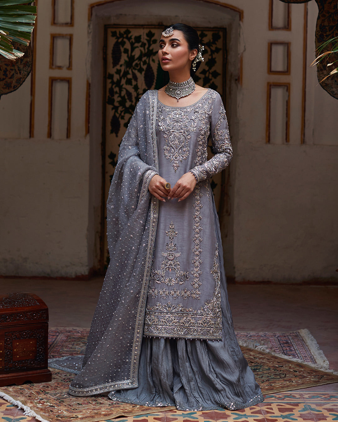 Pakistani Grey Embroidered Raw Silk Sharara (3-Piece) - Image 1