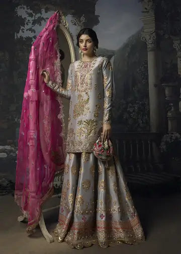 Grey Lorex Embroidered Raw Silk Sharara (3-Piece) - Image 2