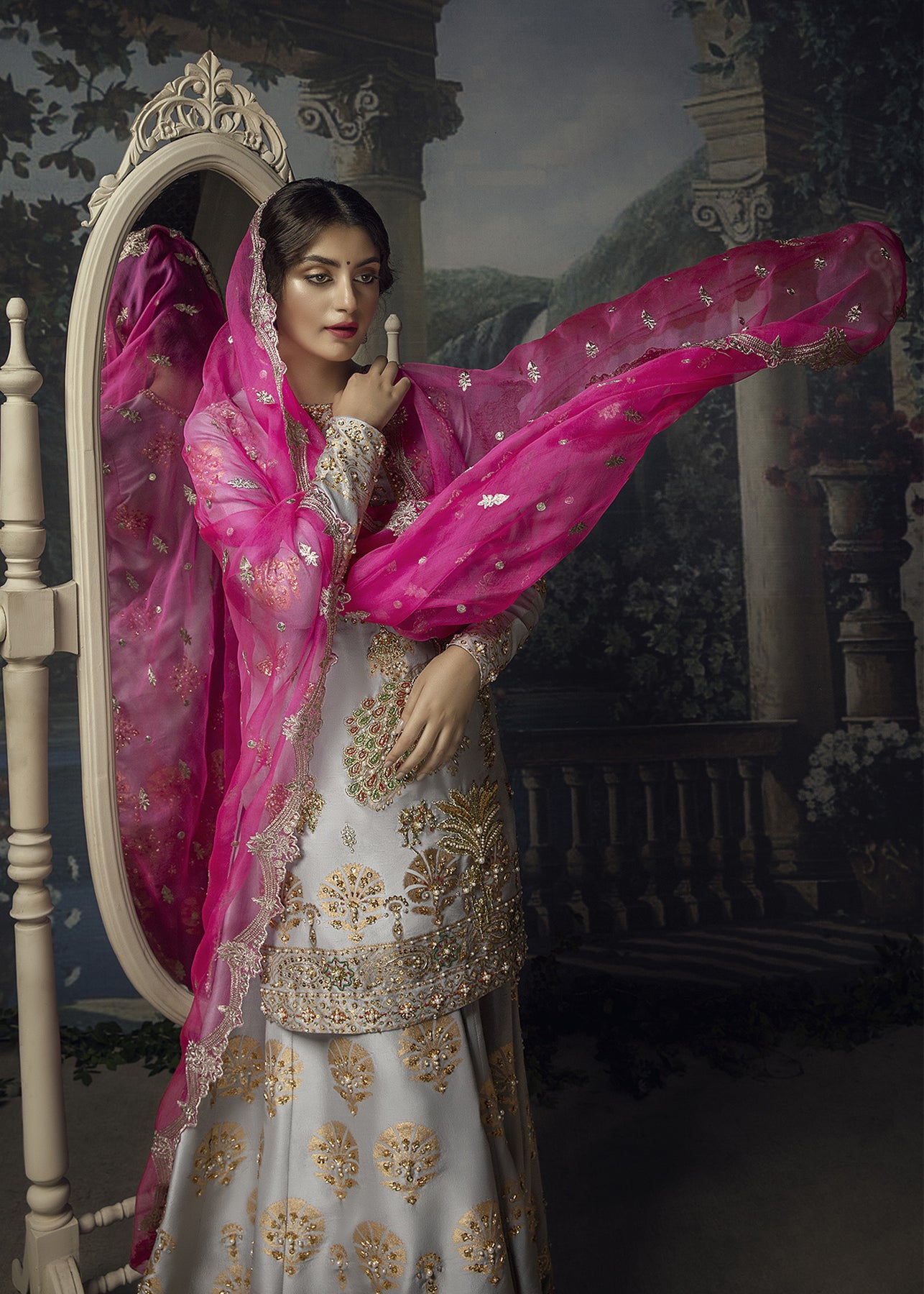 Grey Lorex Embroidered Raw Silk Sharara (3-Piece) - Image 3