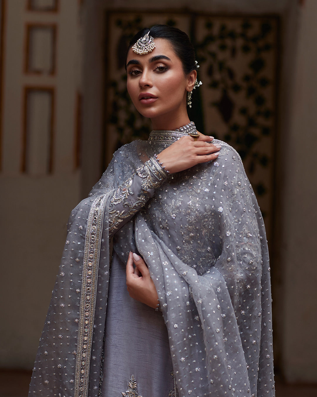 Grey Embellished Raw Silk Sharara (3-Piece) - Image 3