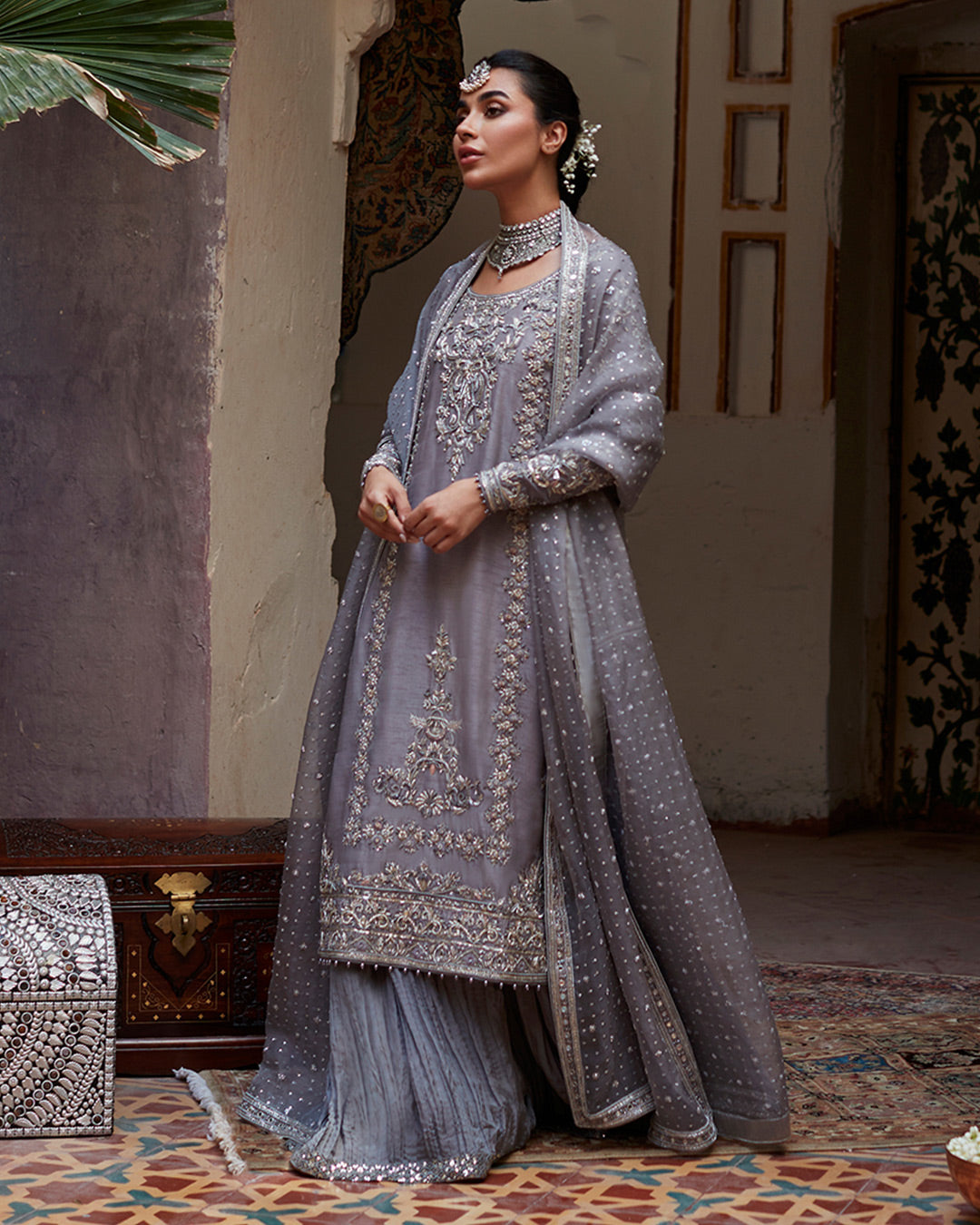 Grey Embellished Raw Silk Sharara (3-Piece) - Image 4