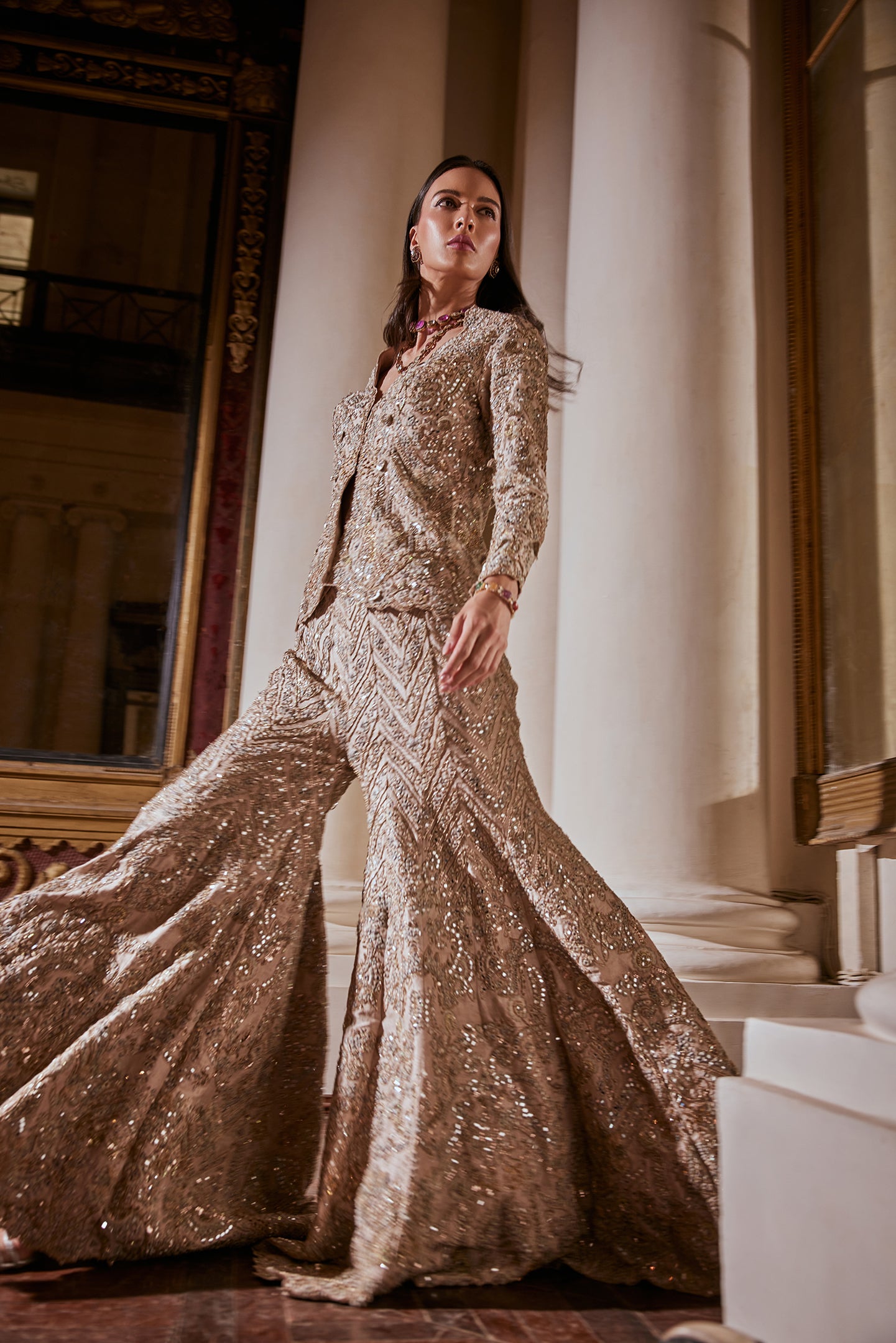 Indian Grey Zardosi Raw Silk Jacket Sharara (2-Piece) - Image 1