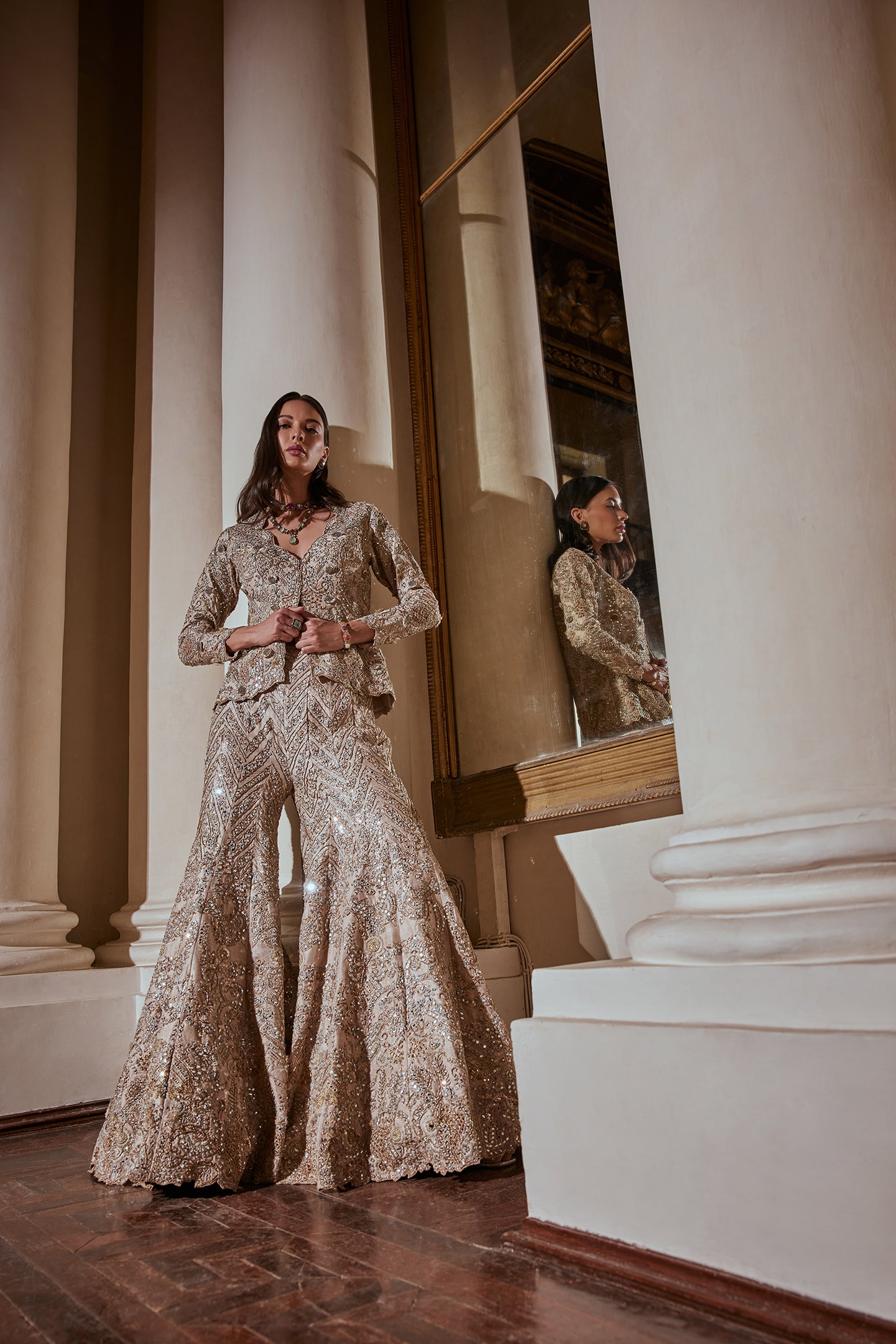 Indian Grey Zardosi Raw Silk Jacket Sharara (2-Piece) - Image 2