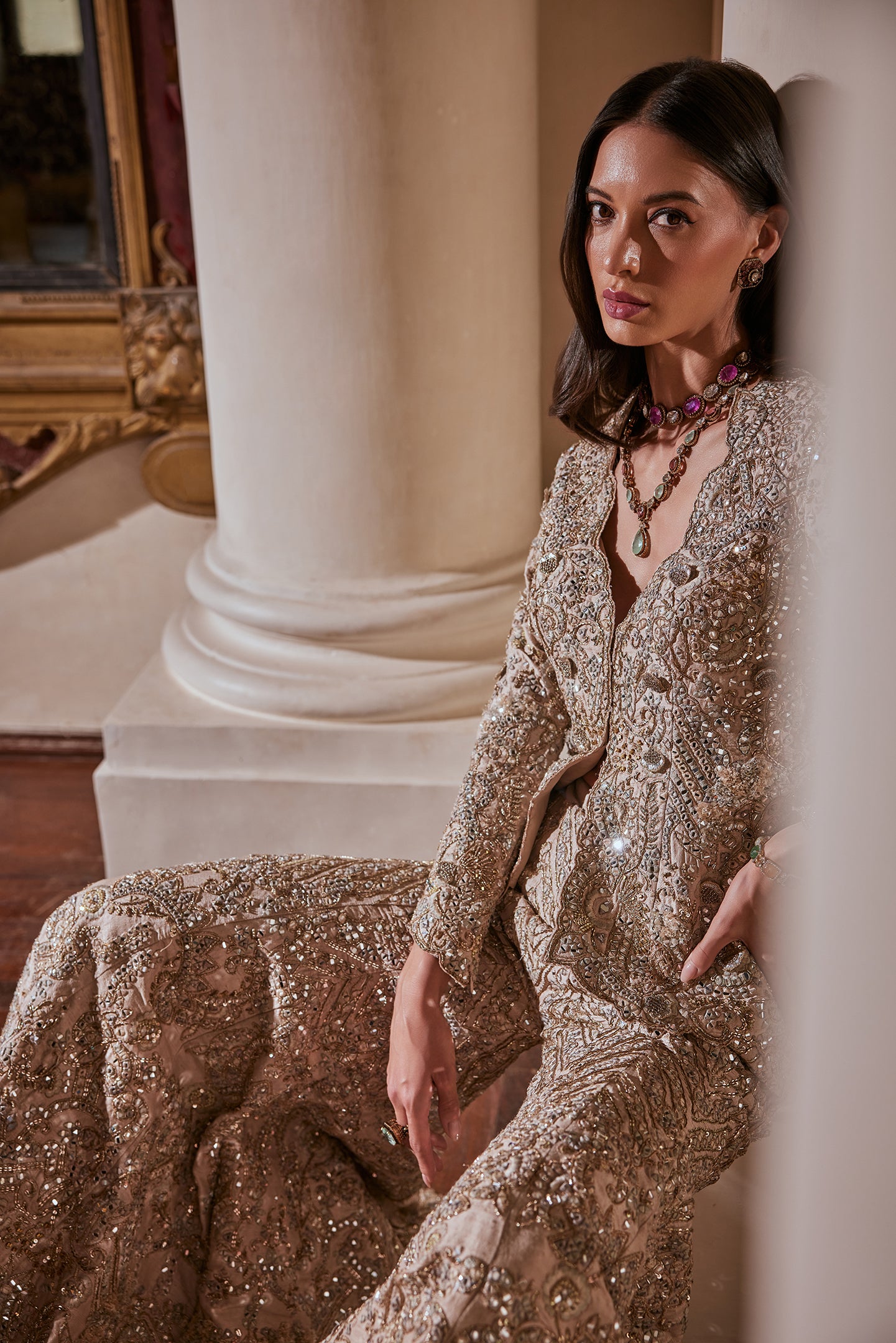 Indian Grey Zardosi Raw Silk Jacket Sharara (2-Piece) - Image 3