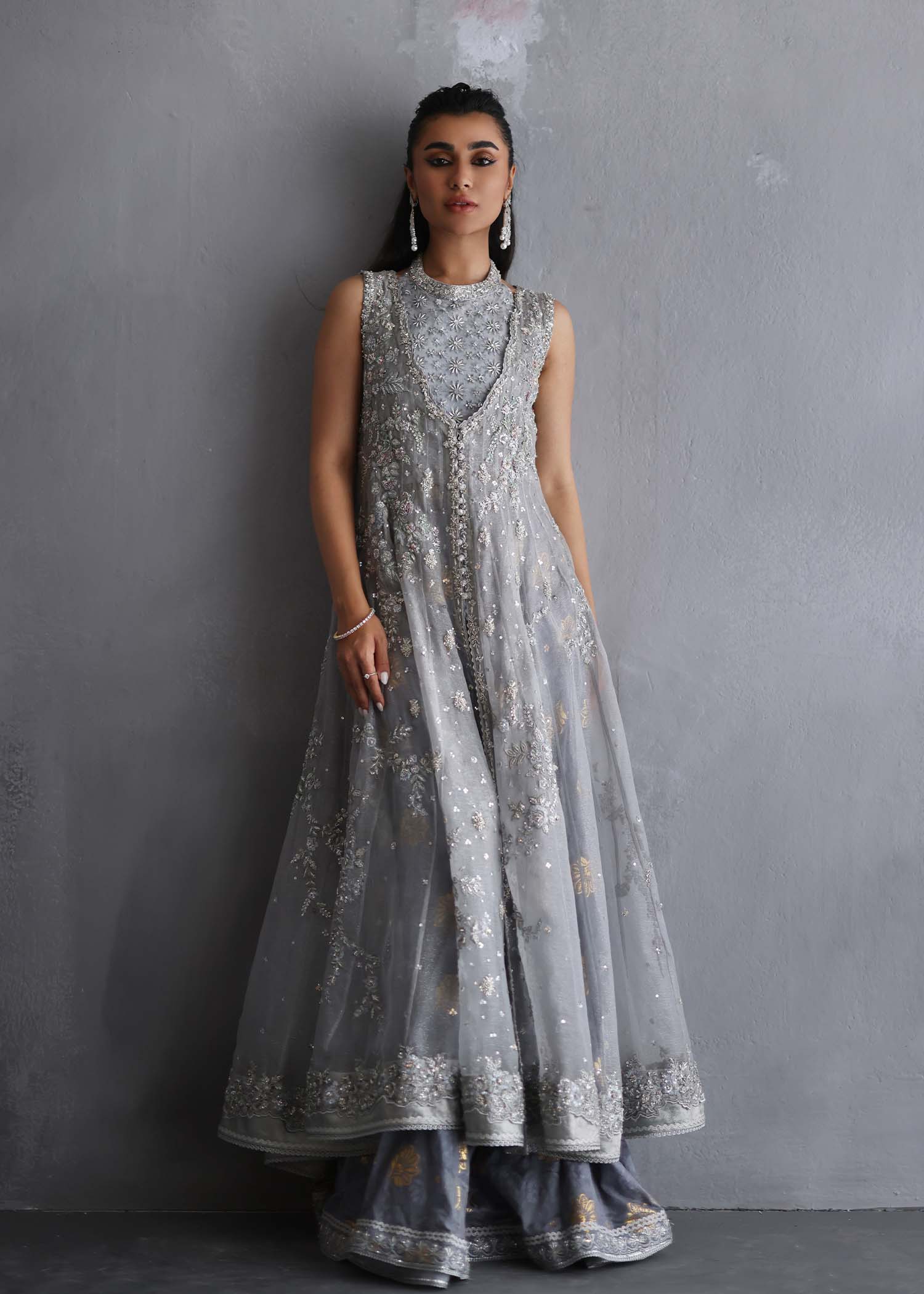 Pakistani Steel Grey Embroidered Silk Maysori Sharara (3-Piece) - Image 1