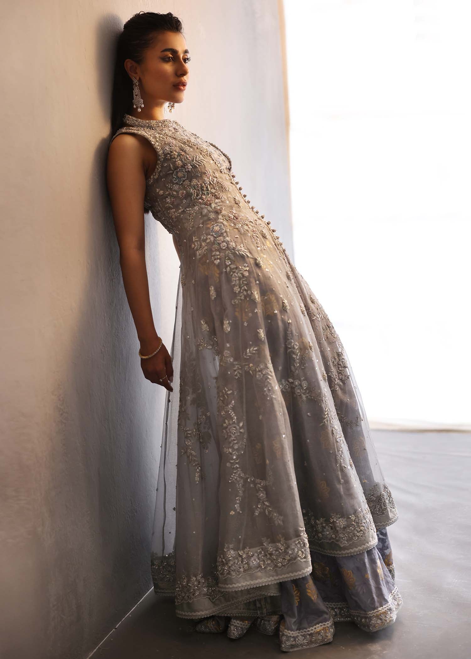 Pakistani Steel Grey Embroidered Silk Maysori Sharara (3-Piece) - Image 10