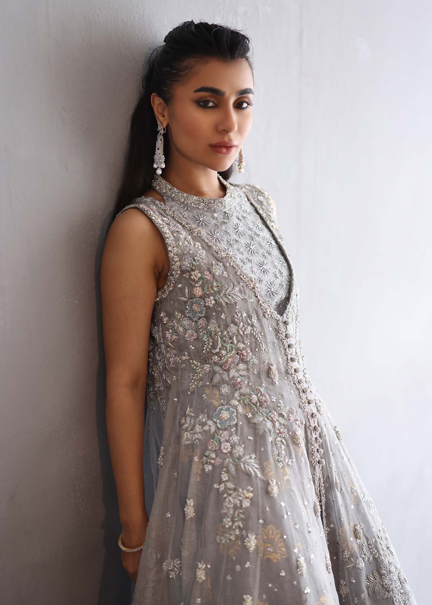 Pakistani Steel Grey Embroidered Silk Maysori Sharara (3-Piece) - Image 2