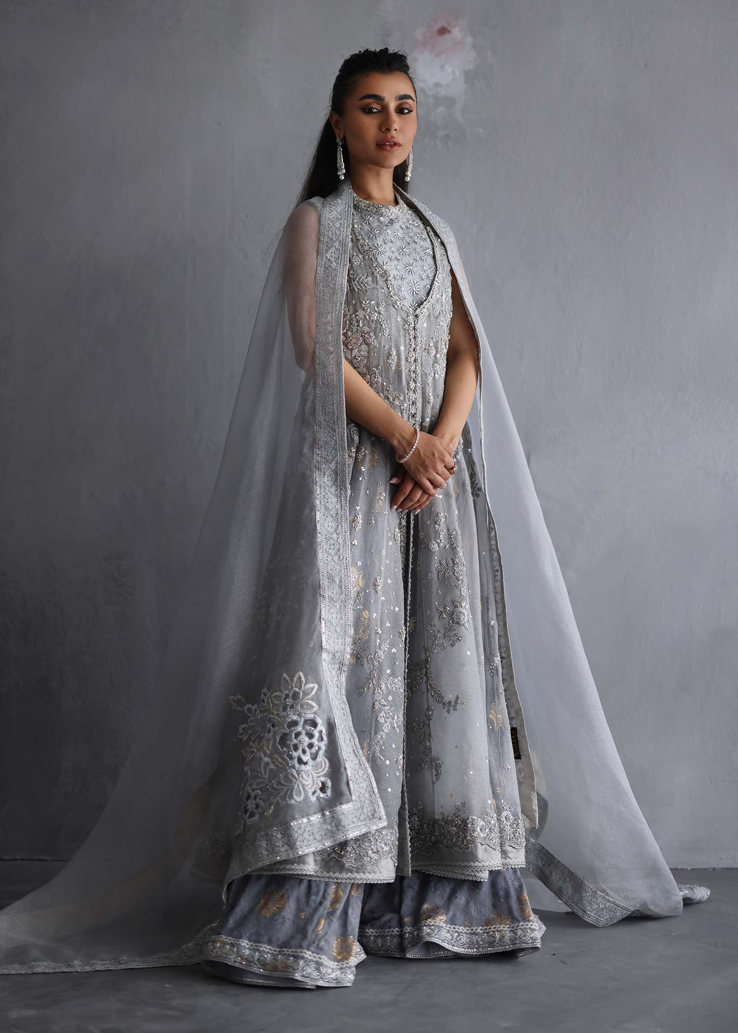 Pakistani Steel Grey Embroidered Silk Maysori Sharara (3-Piece) - Image 3