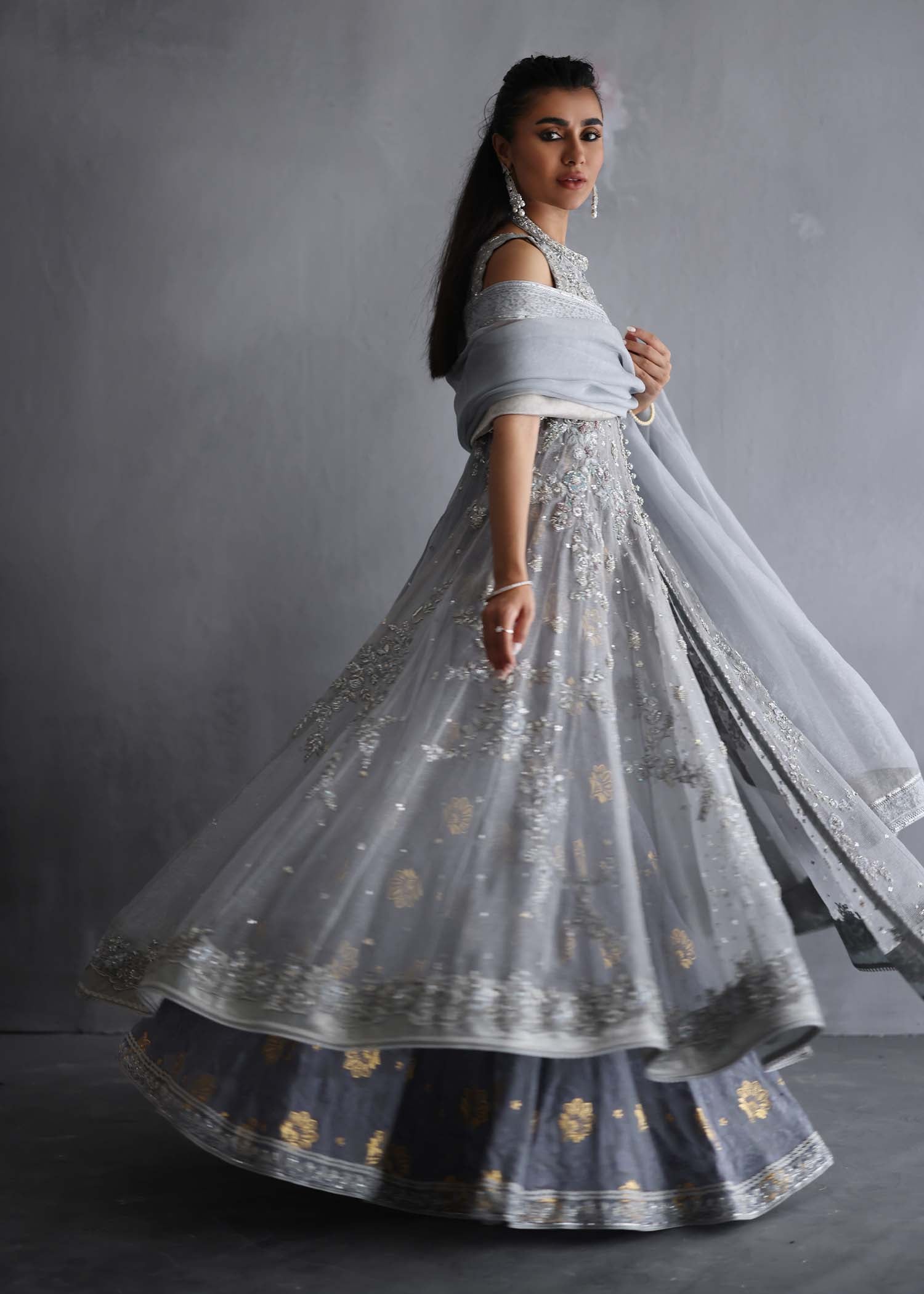 Pakistani Steel Grey Embroidered Silk Maysori Sharara (3-Piece) - Image 4