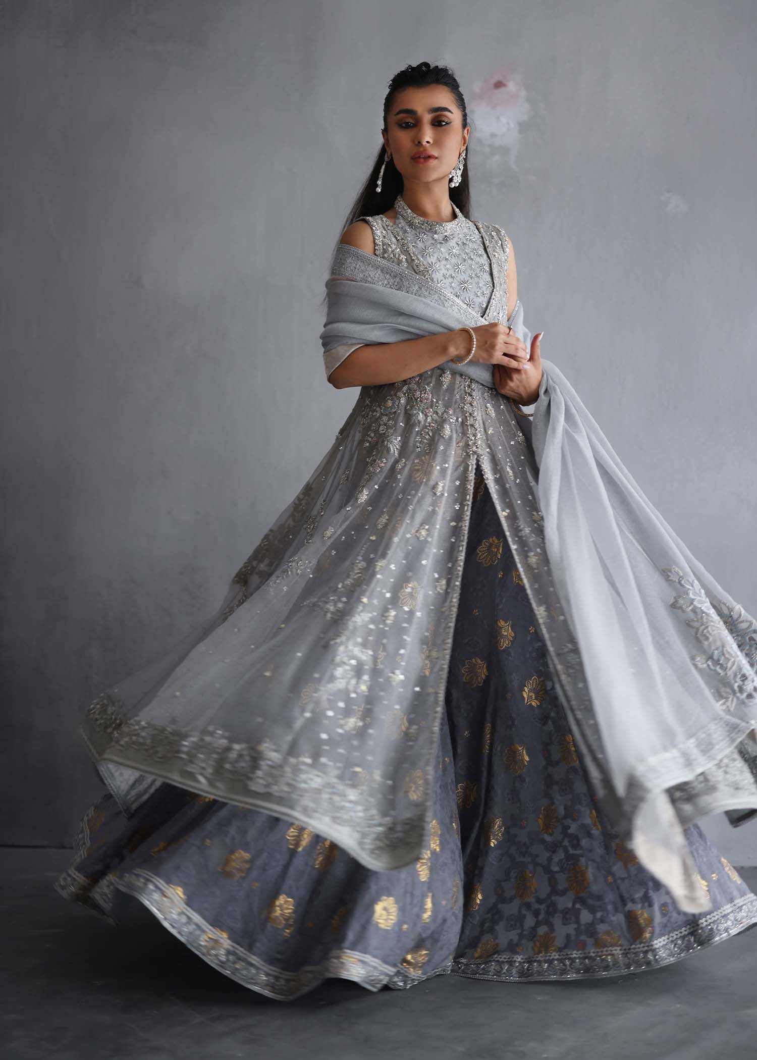 Pakistani Steel Grey Embroidered Silk Maysori Sharara (3-Piece) - Image 5