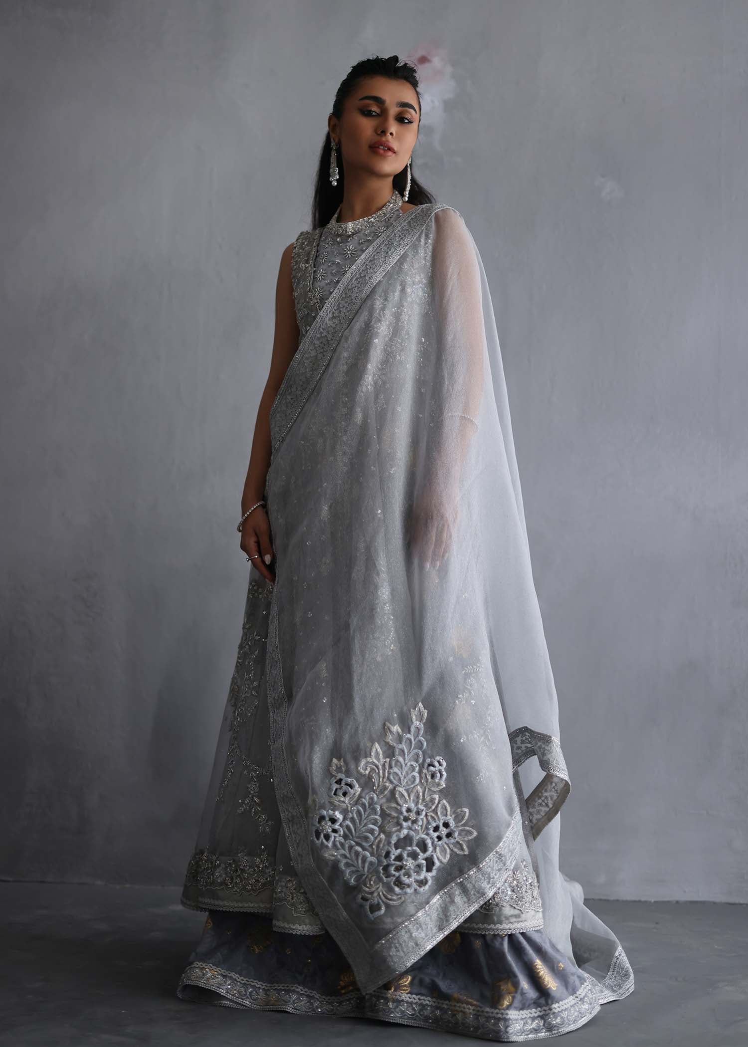 Pakistani Steel Grey Embroidered Silk Maysori Sharara (3-Piece) - Image 8