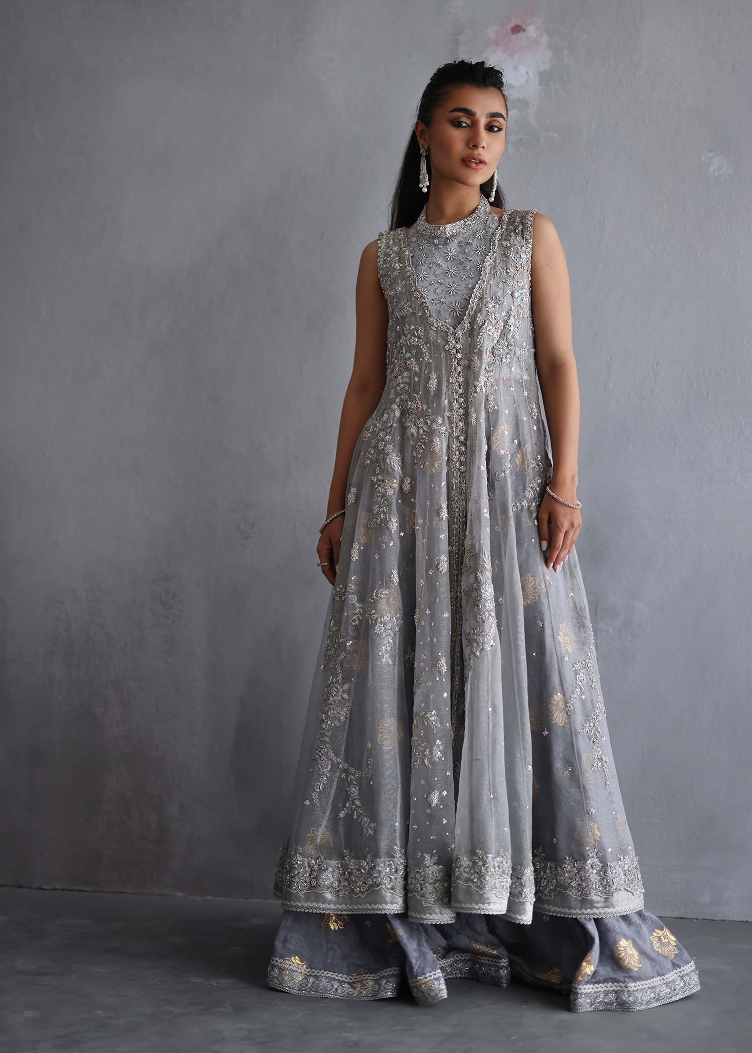 Pakistani Steel Grey Embroidered Silk Maysori Sharara (3-Piece) - Image 9