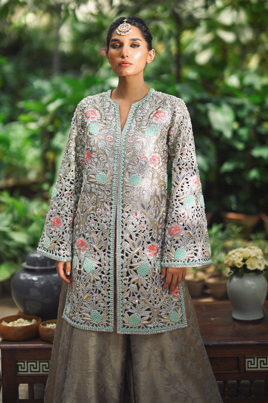 Grey Cutwork Embroidered Tissue Jacket Sharara (2-Piece) - Image 1