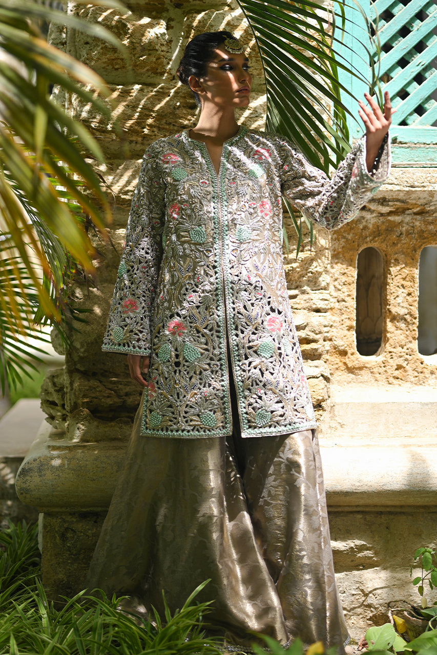 Grey Cutwork Embroidered Tissue Jacket Sharara (2-Piece) - Image 2