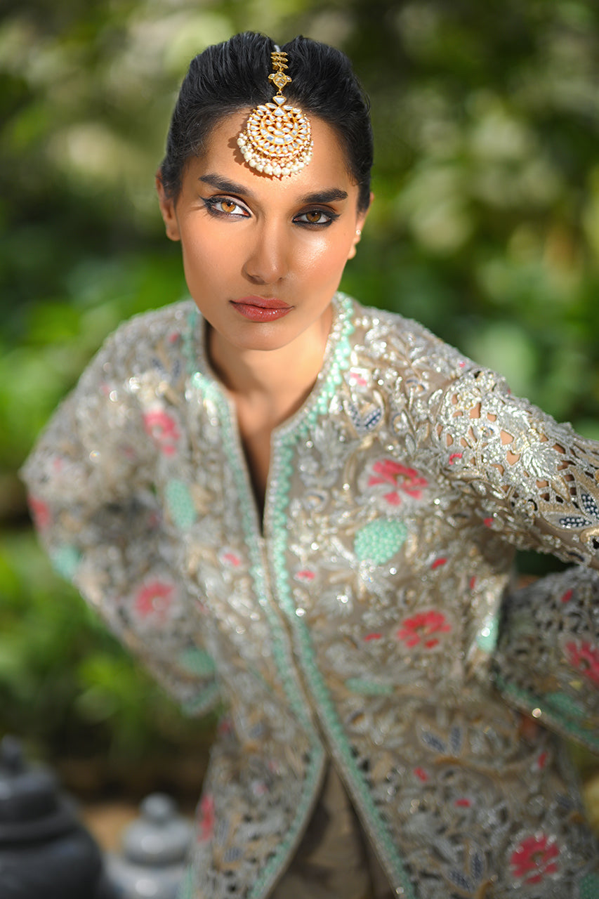 Grey Cutwork Embroidered Tissue Jacket Sharara (2-Piece) - Image 3