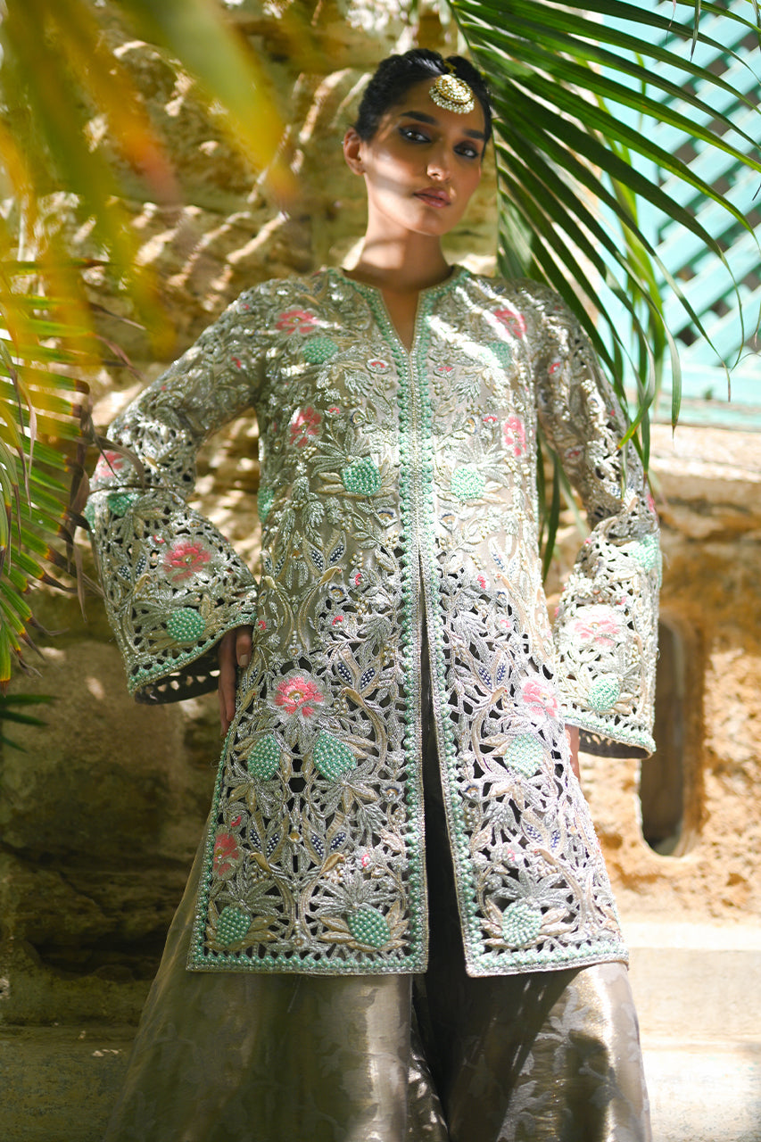 Grey Cutwork Embroidered Tissue Jacket Sharara (2-Piece) - Image 4