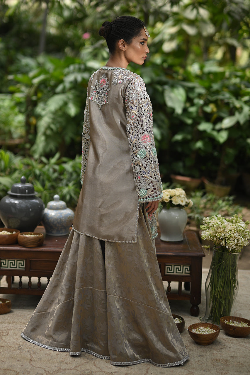 Grey Cutwork Embroidered Tissue Jacket Sharara (2-Piece) - Image 6