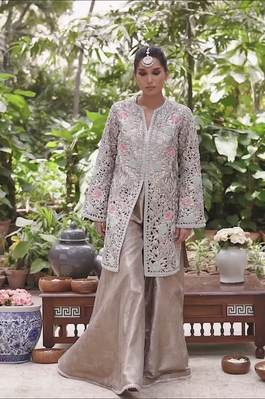 Grey Cutwork Embroidered Tissue Jacket Sharara (2-Piece) - Image 7