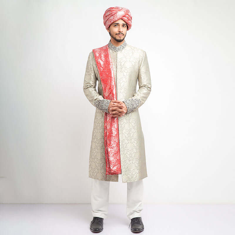 Ash Grey Zardozi Embroidered Brocade Silk Sherwani (4-Piece) - Image 1
