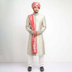 Ash Grey Zardozi Embroidered Brocade Silk Sherwani (4-Piece) - Image 2