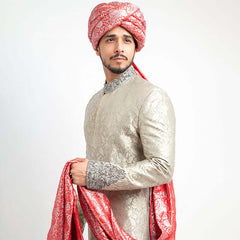 Ash Grey Zardozi Embroidered Brocade Silk Sherwani (4-Piece) - Image 4