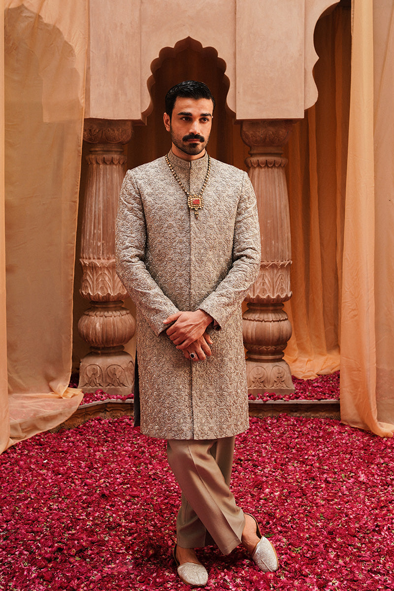 Grey Tilla & Resham Embroidered Jacquard Sherwani (3-Piece) - Image 5